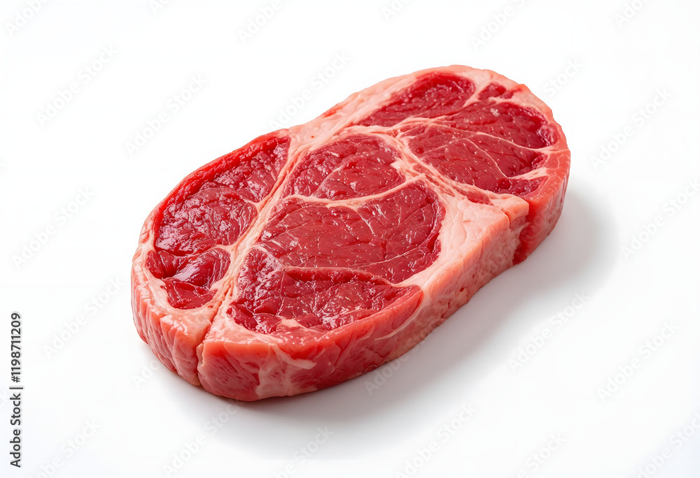 A fresh, raw beef steak with marbled texture on a clean white background. A fresh, raw beef steak with marbled texture on a clean white background.