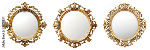 Set of A close-up of an ornate gold framed mirror reflecting soft natural light, elegant room decor on transparent png background