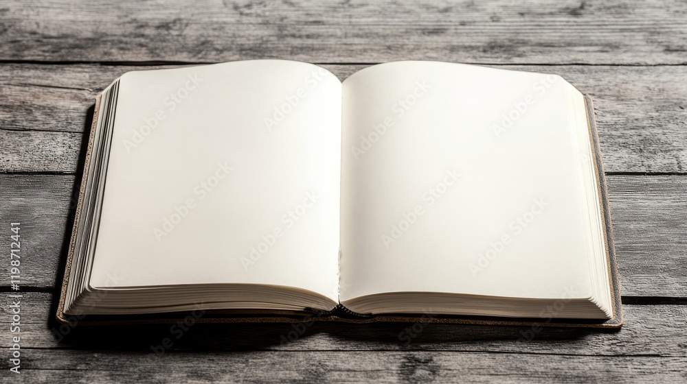 Fototapeta premium A book is open to a blank page. The book is on a wooden table