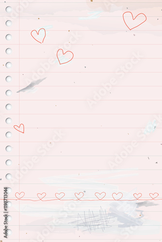 Used old notebook paper vertical background with heart shape doodle line and stained effect graphic illustration have blank space. Valentine's day greeting card childish style.