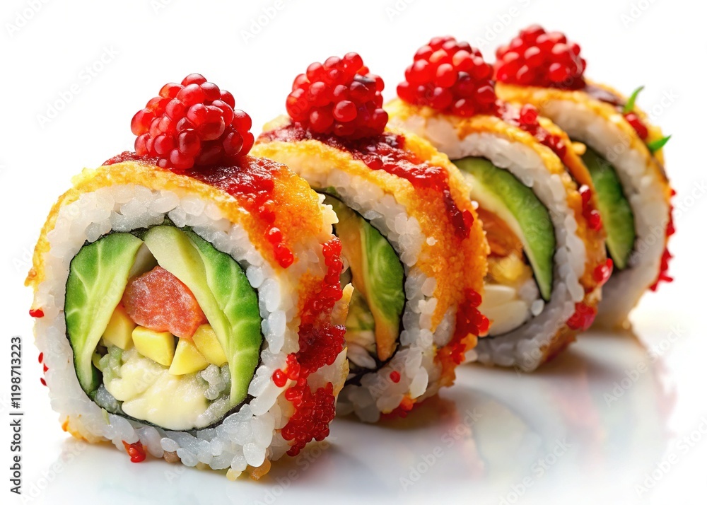 Delicious Maki Tempura Sushi Rolls with Shrimp, Avocado, and Tobiko Delicious Maki Tempura Sushi Rolls with Shrimp, Avocado, and Tobiko