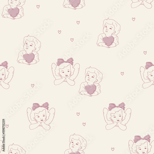 Flirtatious pattern. Hand drawn whimsical cupids background. Whimsical Valentines day line art illustrations.