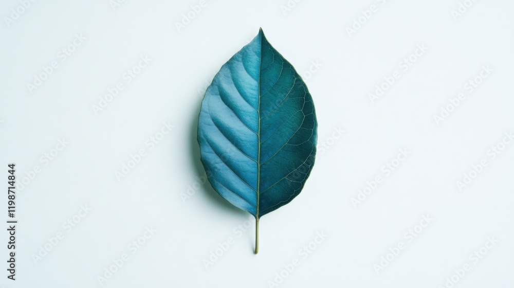 Obraz premium a single teal leaf split down the middle with one side a lighter shade than the other on a light gray background