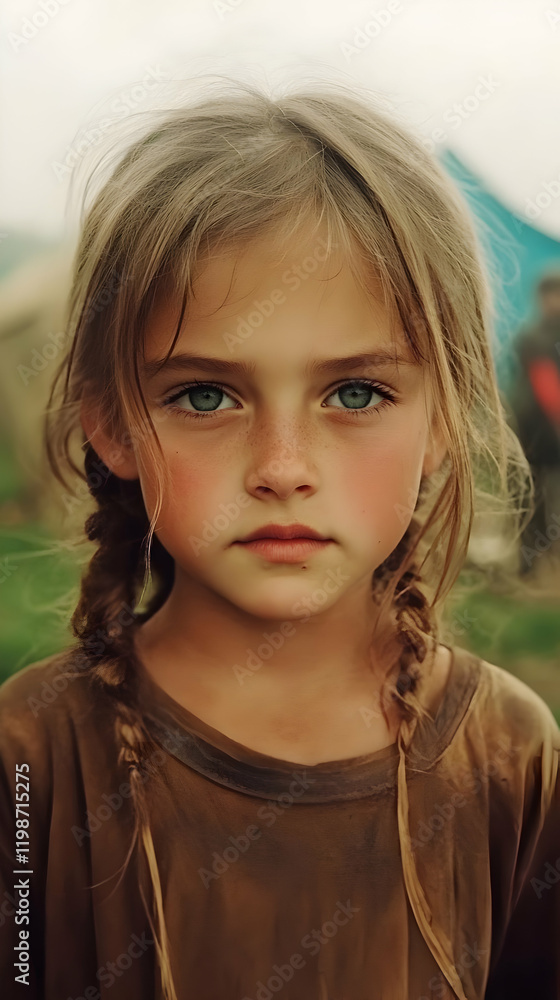 Young Girl with Braids Poses with a Serious Expression Outdoors Young Girl with Braids Poses with a Serious Expression Outdoors