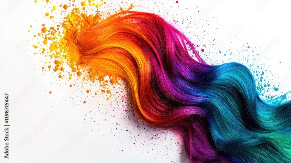 A vibrant splash of hair dye on a white background next to colorful locks of hair. A vibrant splash of hair dye on a white background next to colorful locks of hair.
