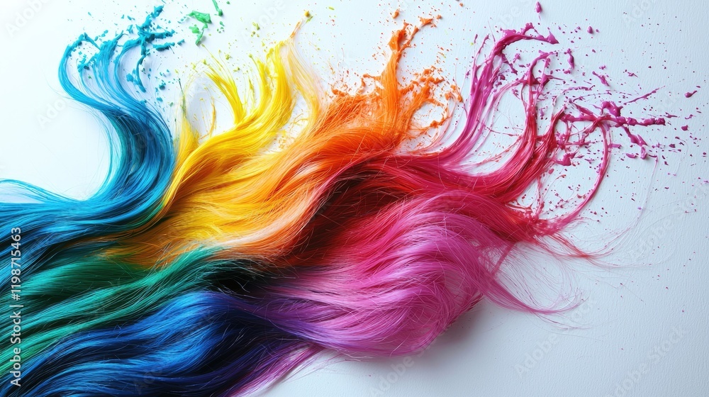 A vibrant splash of hair dye on a white background next to colorful locks of hair. A vibrant splash of hair dye on a white background next to colorful locks of hair.