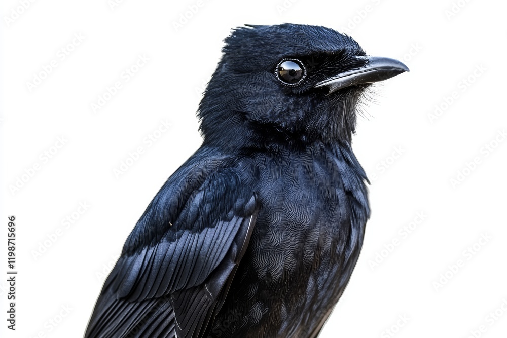 Fototapeta premium Detailed close-up of a black drongo bird showcasing its glossy feathers and sharp gaze against a white backdrop.