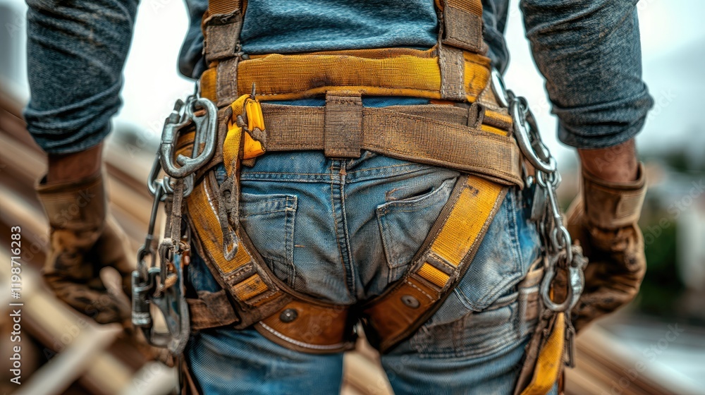 Construction worker in safety harness on a rooftop, with tools and city skyline in the background Construction worker in safety harness on a rooftop, with tools and city skyline in the background