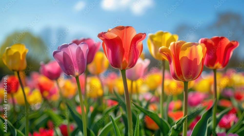 A Vibrant Field of Colorful Tulips Blooming Under a Bright Spring Sky Full of Cheerful Possibilities A Vibrant Field of Colorful Tulips Blooming Under a Bright Spring Sky Full of Cheerful Possibilities