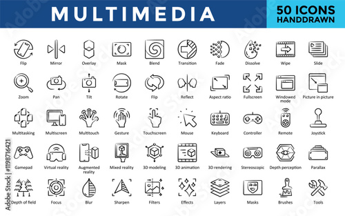 Multimedia icons set with flip, mirror, overlay, mask, blend, transition, fade, dissolve, wipe, slide icon. Simple handdrawn vector 
