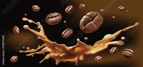 Coffee beans on water splashes on drank background Vector illustration