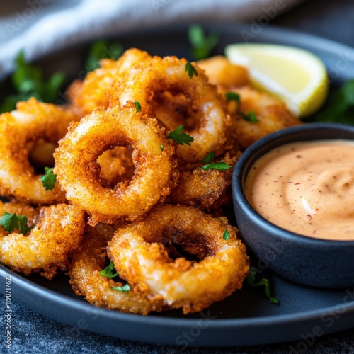 crispy fried calamari rings with dipping sauce