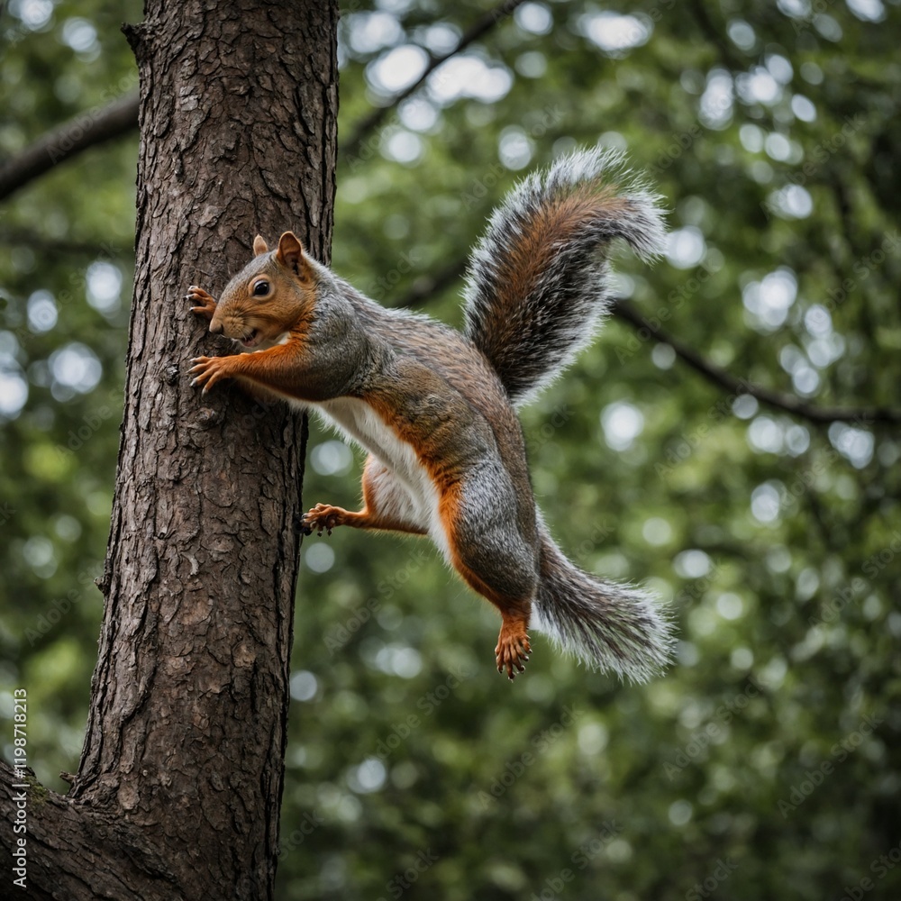 A squirrel leaping from one tree branch to another. A squirrel leaping from one tree branch to another.