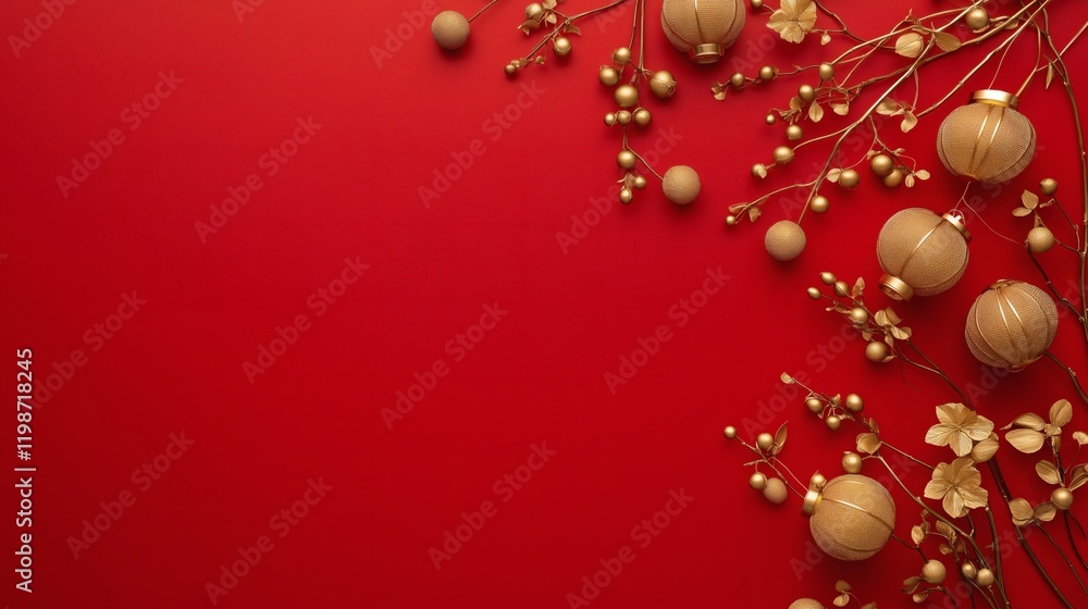 Festive Chinese New Year Background with Golden Ornaments and Red Florals Festive Chinese New Year Background with Golden Ornaments and Red Florals