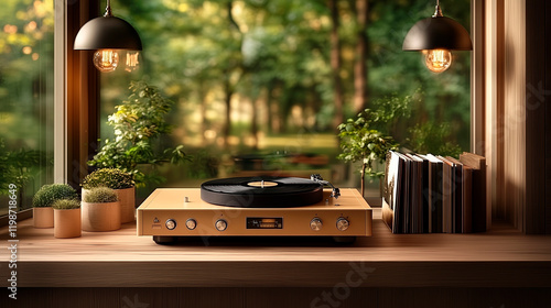 Vintage vinyl record player in a cozy home setting surrounded by green plants. Warm design, eco-friendly vibes, luxury, touch of nostalgia in golden tones. Cover banner brochure. Generative Ai content