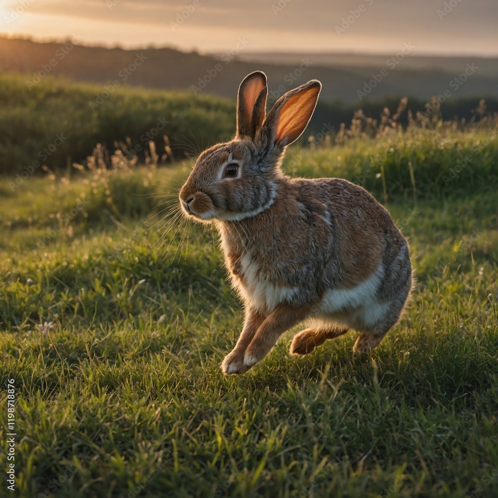 Fototapeta premium A rabbit sprinting across a meadow at sunrise.