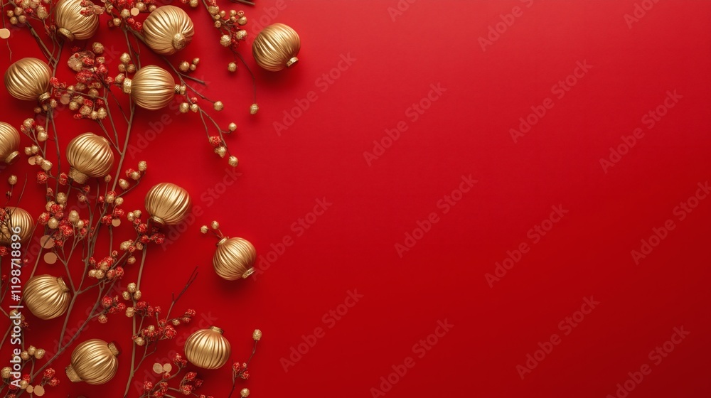 Festive Chinese New Year Background with Golden Ornaments and Red Florals Festive Chinese New Year Background with Golden Ornaments and Red Florals