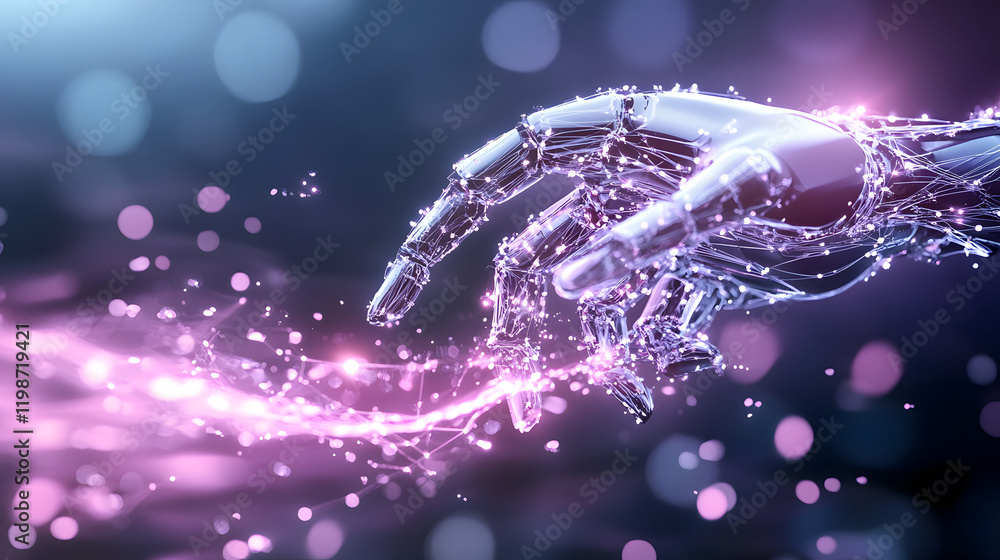 A glowing robotic hand reaching out with sparkling energy A glowing robotic hand reaching out with sparkling energy