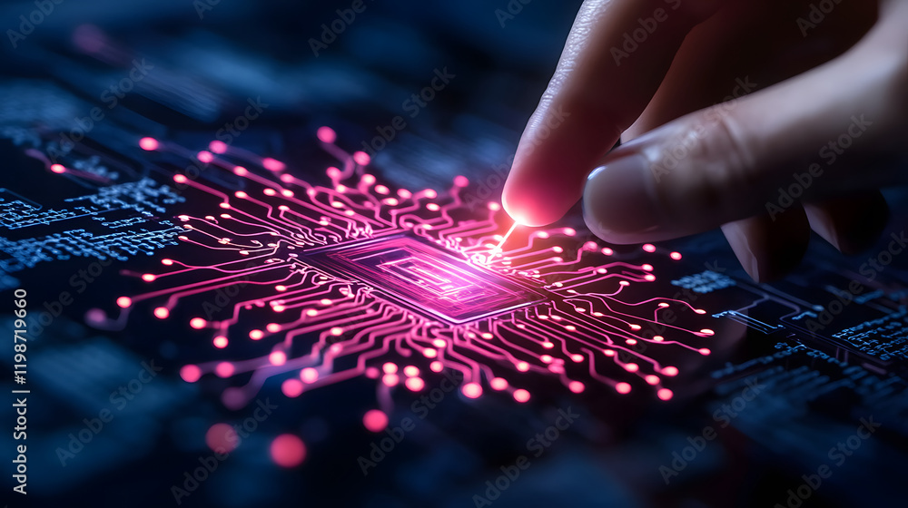 A hand interacts with a glowing microchip on a dark digital background A hand interacts with a glowing microchip on a dark digital background