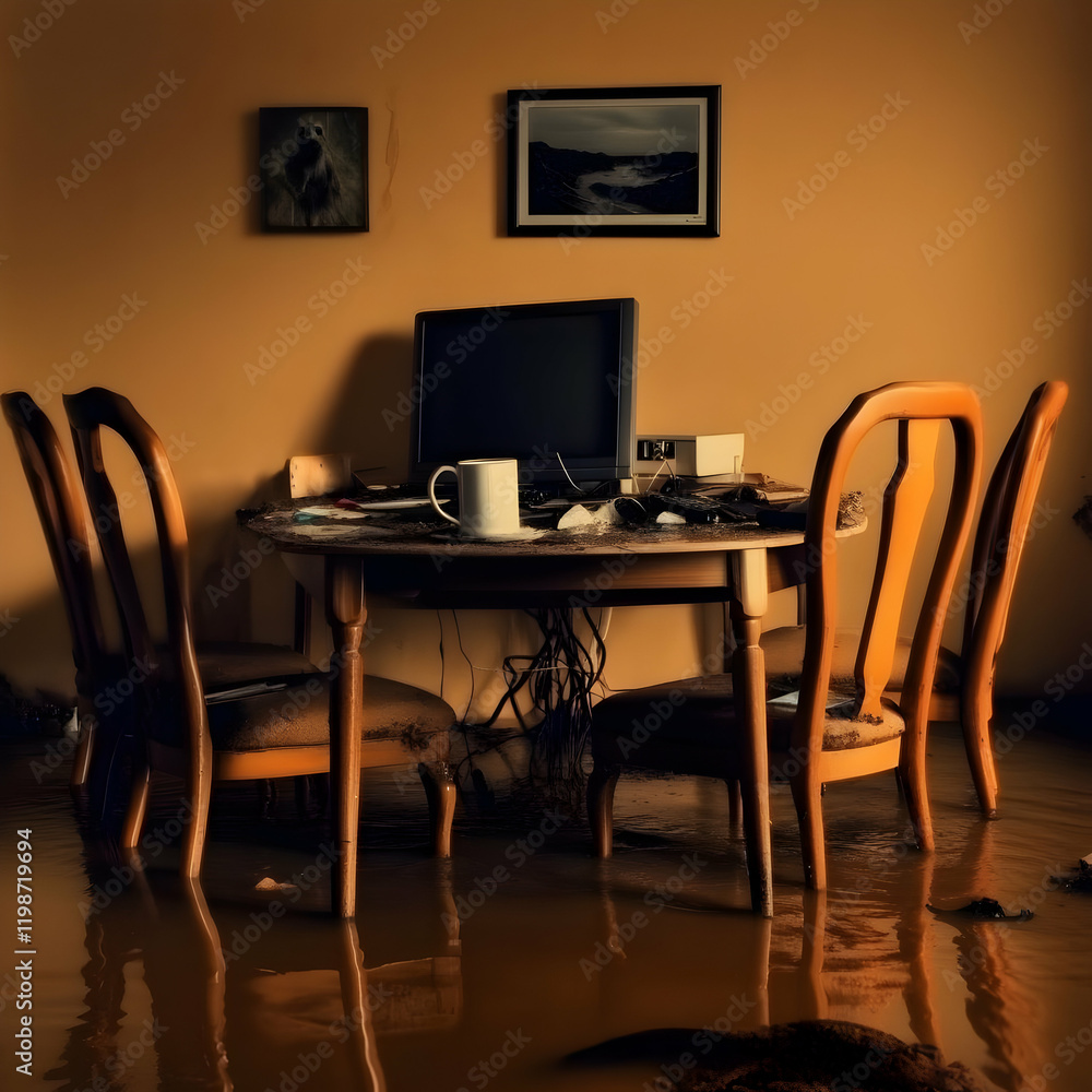 Flooded Room Depicts Devastation with Submerged Furniture and Electronics, a Stark Reminder of Disaster. Flooded Room Depicts Devastation with Submerged Furniture and Electronics, a Stark Reminder of Disaster.