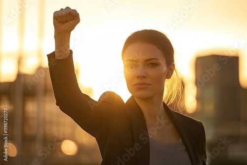 Empowered woman raising fist against sunset, symbolizing strengt photo