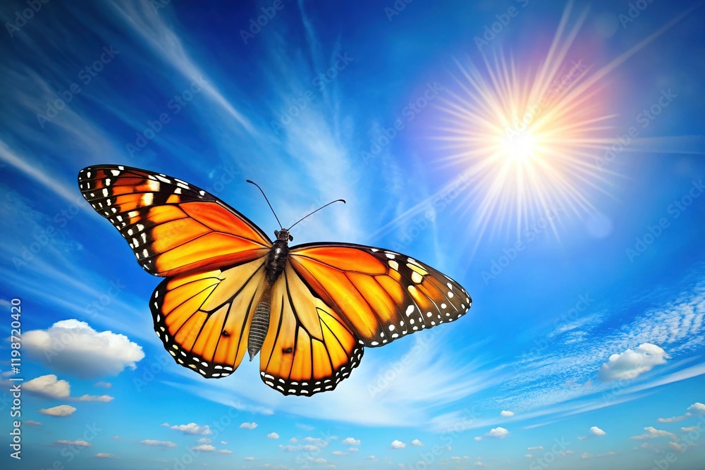 Obraz premium Mexican Monarch Butterfly Flight, Blue Sky, Sharp Colors, High-Resolution Image