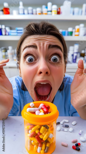 Shocked Woman Reacts to Pills in Pharmacy: Overwhelmed by Medication Choices and Medical Supplies photo