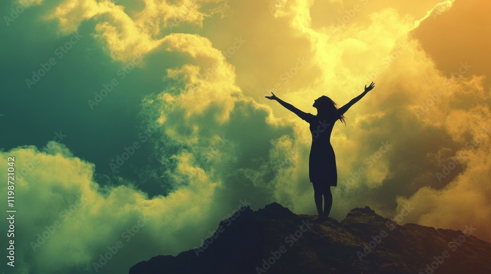 Woman celebrating on a mountain looking up to the sky. Letting go of all your mental fears. Hope, mental strength concept. Woman celebrating on a mountain looking up to the sky. Letting go of all your mental fears. Hope, mental strength concept.