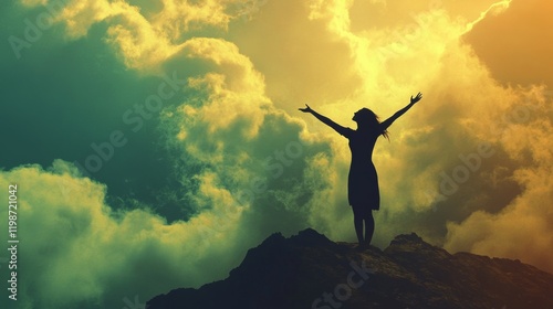 Wallpaper Mural Woman celebrating on a mountain looking up to the sky. Letting go of all your mental fears. Hope, mental strength concept. Torontodigital.ca