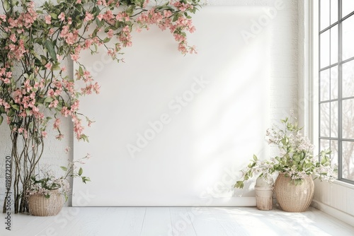 Bright minimalist interior with floral decor, large windows, and wooden flooring, perfect for design inspiration and home decor ideas.