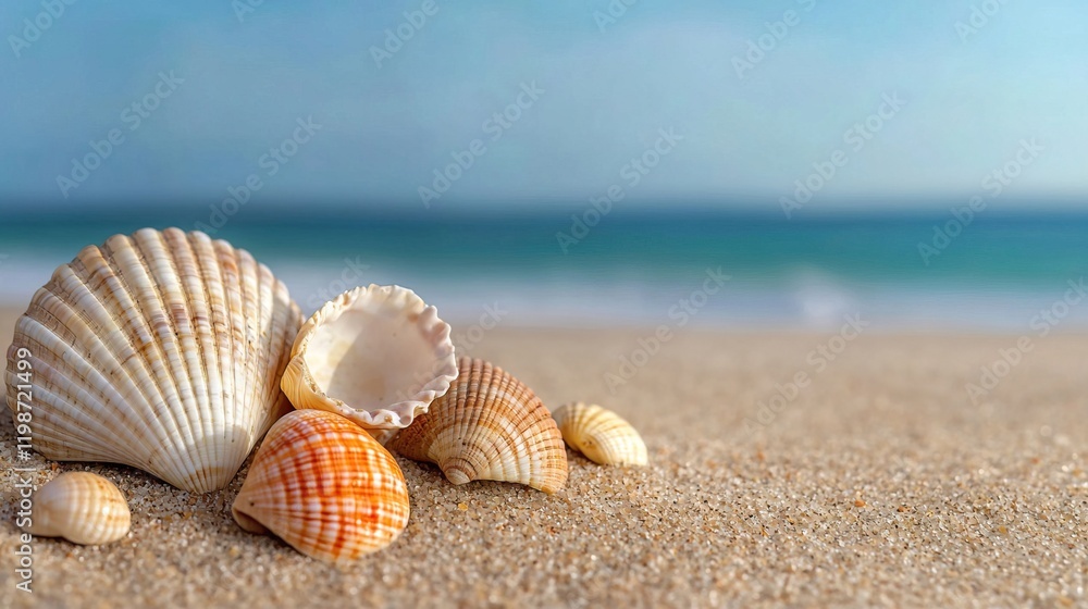 Close-Up Shot of Various Seashells on Fine Sand Beach, Seashells on seashore concept. Close-Up Shot of Various Seashells on Fine Sand Beach, Seashells on seashore concept.
