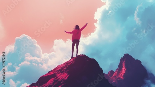 Woman celebrating on a mountain looking up to the sky. Letting go of all your mental fears. Hope, mental strength concept. photo