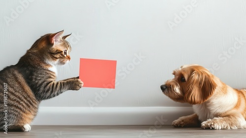 A cute comic-style image of a cat giving a reluctant dog a Valentine s card