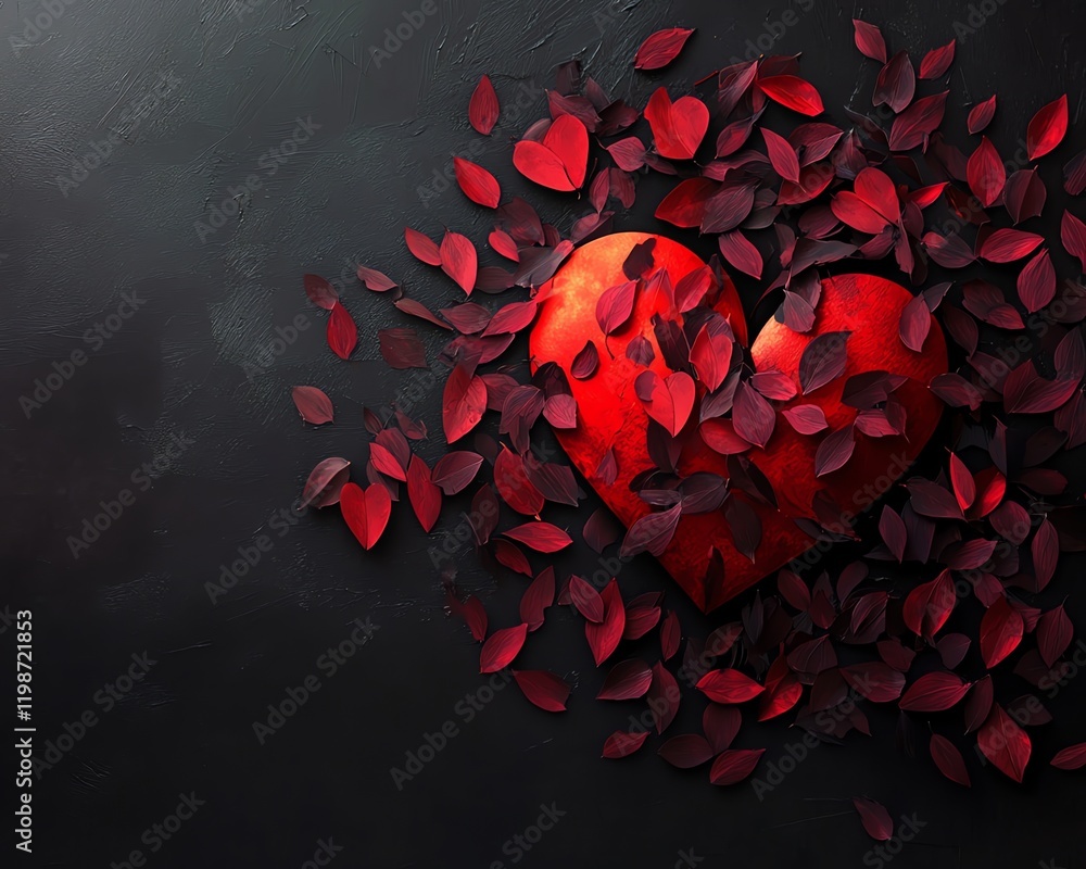 Red Heart Surrounded by Dark Red Leaves on Black Background: A Romantic, Passionate Image of Love and Loss