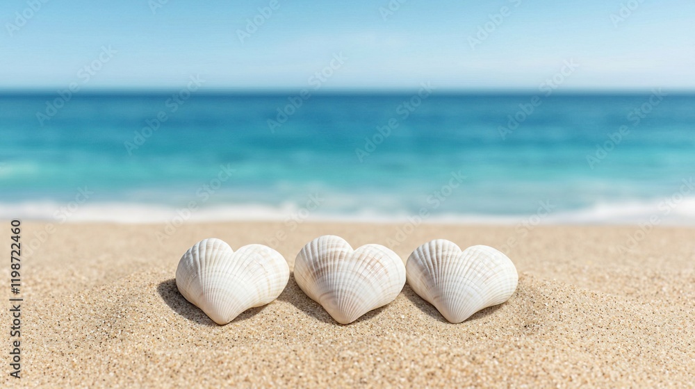 Heart-Shaped Shells Nestled in Warm Sand by Picturesque Shoreline, Seashells on seashore concept. Heart-Shaped Shells Nestled in Warm Sand by Picturesque Shoreline, Seashells on seashore concept.