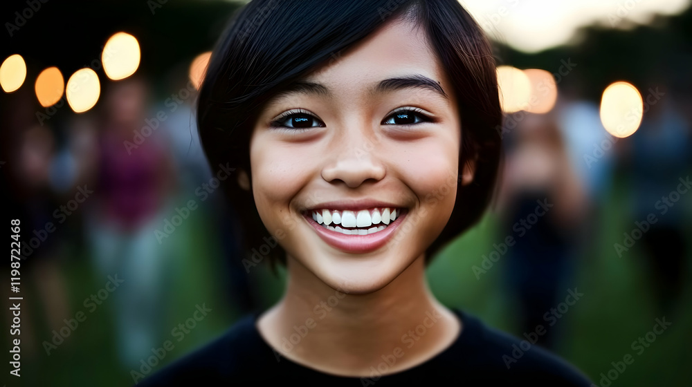 Smiling Child Poses with a Crowd and Lights in Background at an Outdoor Evening Event Smiling Child Poses with a Crowd and Lights in Background at an Outdoor Evening Event