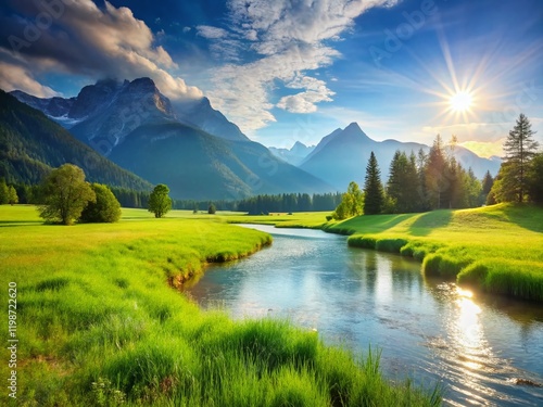 Serene Meadow River Mountain Landscape: Breathtaking Nature Scene with Copy Space