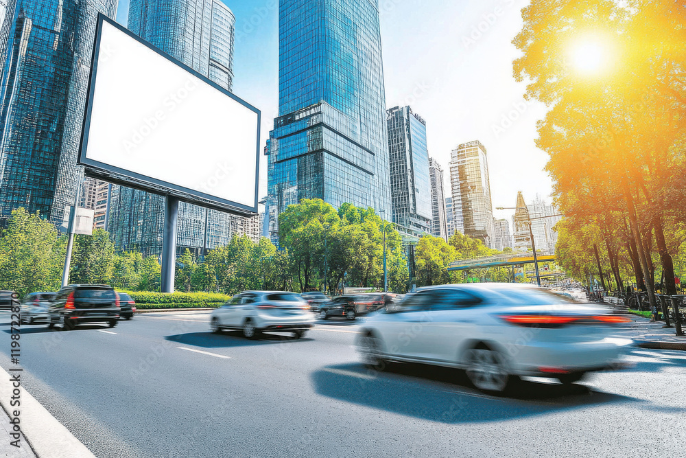 Fototapeta premium Urban cityscape with traffic and blank billboard in bright sunlight
