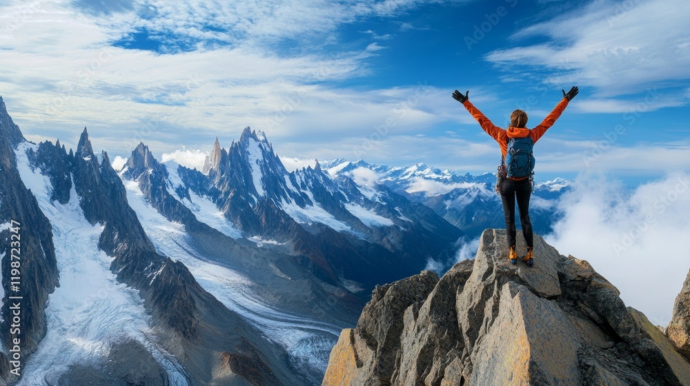 Obraz premium Woman celebrating on a mountain looking up to the sky. Letting go of all your mental fears. Hope, mental strength concept.