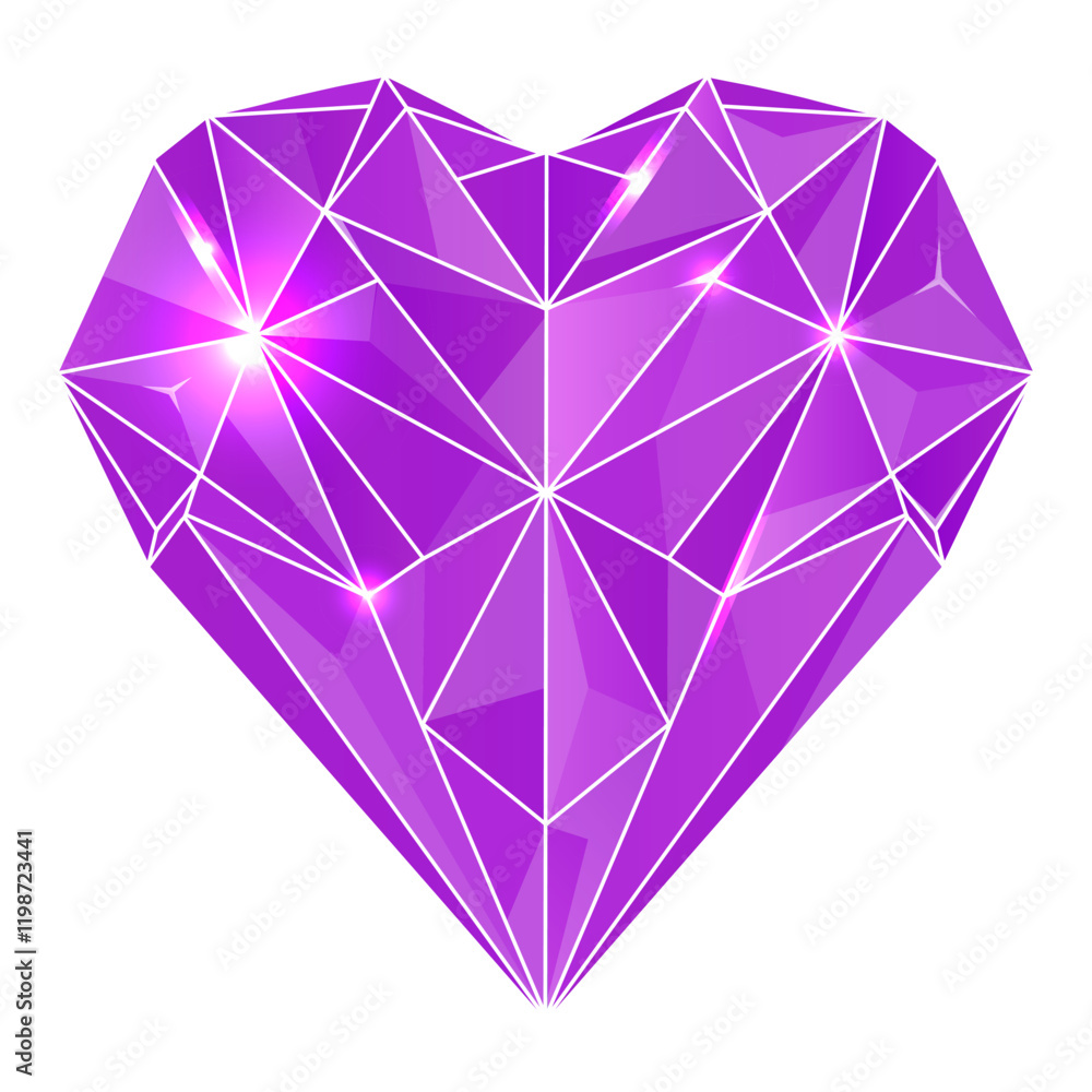 Purple crystal in shape of heart. Precious stone Amethyst in tints of violet color. Gemstone Vector illustration isolated on background Purple crystal in shape of heart. Precious stone Amethyst in tints of violet color. Gemstone Vector illustration isolated on background