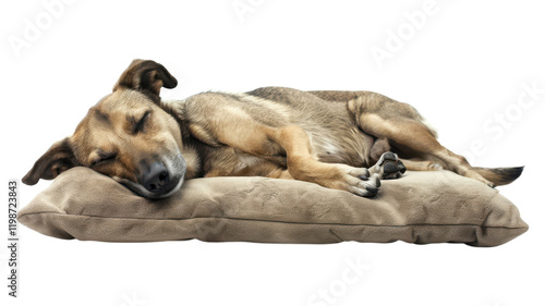 A serene image of a dog stretched out on a plush cushion sleeping peacefully in a cozy home setting