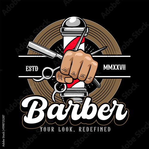 Retro Barbershop Hand holding a razor blade and scissor elements Logotype Badge Vector Illustration