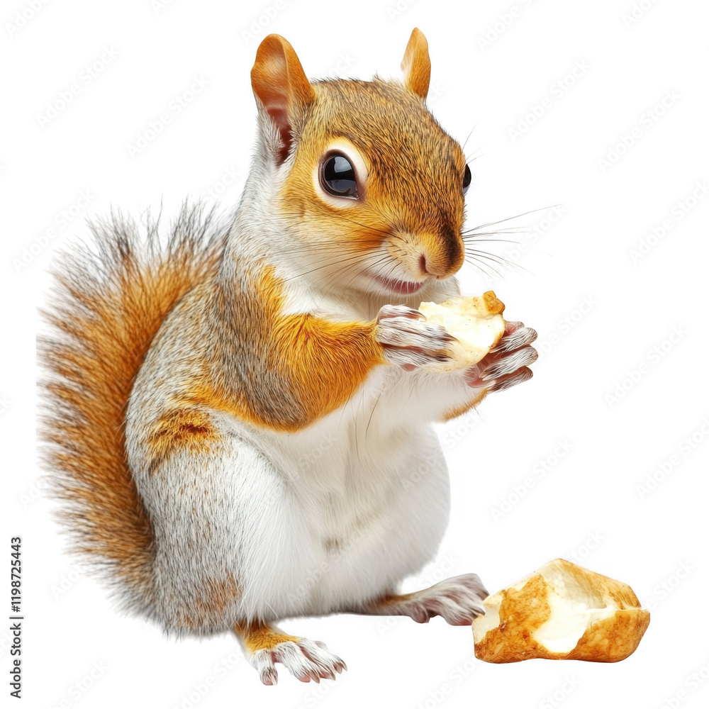 Obraz premium Squirrel holding piece of food, with fluffy tail and bright eyes, on transparency background. This adorable animal captures moment of curiosity and playfulness