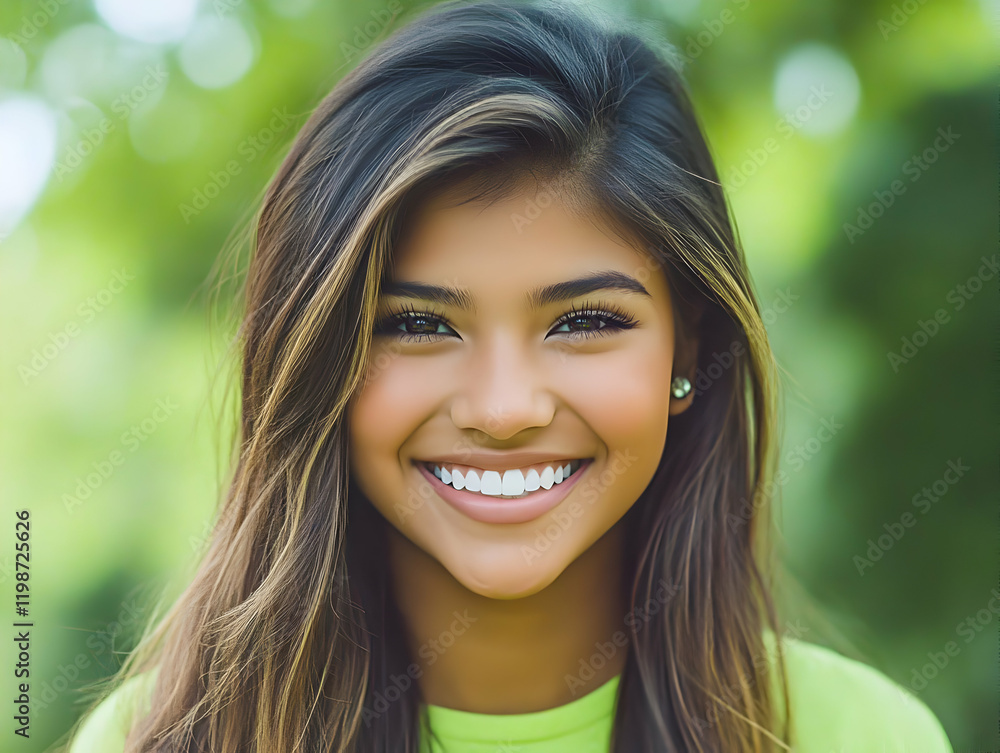 Young Woman Smiles Brightly in Nature Portrait, Displaying Happiness and Confidence Outdoors. Young Woman Smiles Brightly in Nature Portrait, Displaying Happiness and Confidence Outdoors.