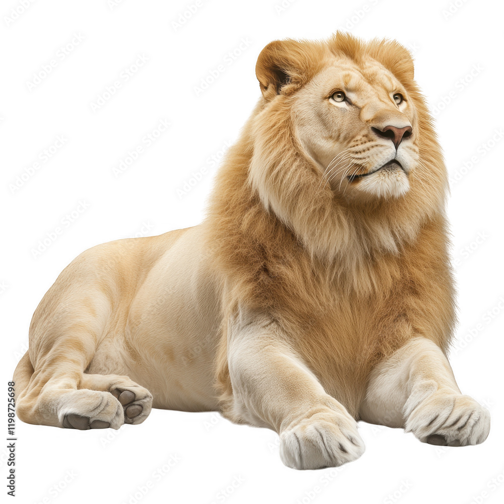 Obraz premium Majestic lion resting on transparency background, showcasing its powerful presence and beautiful mane. This captures essence of strength and grace in animal kingdom