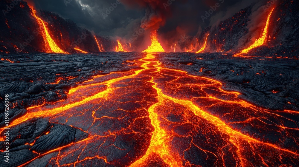 Erupting Volcano Landscape with Flowing Lava Rivers Under Dramatic Dark Clouds and Ash Erupting Volcano Landscape with Flowing Lava Rivers Under Dramatic Dark Clouds and Ash