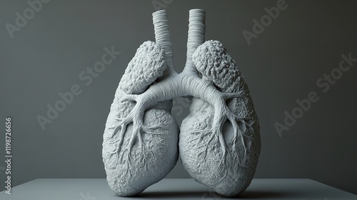 Illustration of lungs filled with smoke and debris, representing pollution and respiratory problems. Detailed anatomical model shows the complex bronchial tubes photo