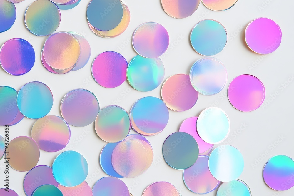 Iridescent confetti circles scattered on a white surface, showcasing a vibrant and festive atmosphere perfect for celebrations. Iridescent confetti circles scattered on a white surface, showcasing a vibrant and festive atmosphere perfect for celebrations.