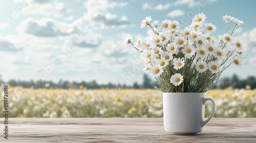 Wallpaper Mural Delightful Chamomile Flower Arrangement in a Rustic White Cup, Chamomile flowers teacup on wooden concept. Torontodigital.ca