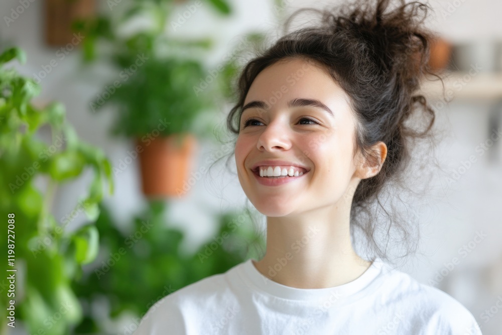 young woman with healthy smile surrounded by plants young woman with healthy smile surrounded by plants